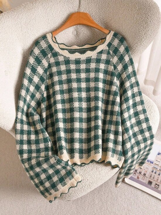 MODA ME COUTURE Sweaters - green Casual Slim Fit Women's Round Neck Gingham Plaid Raglan Pullovers